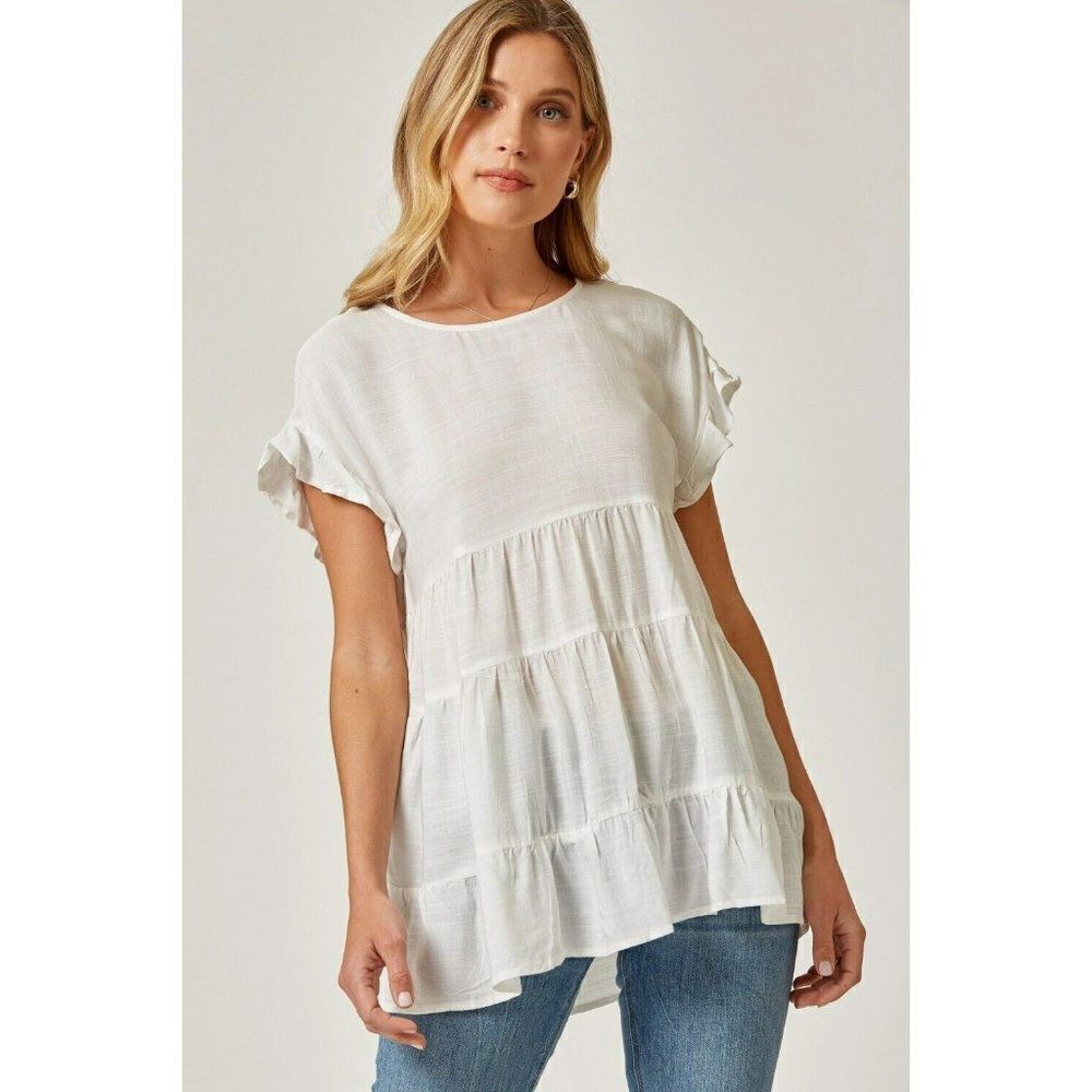 Andree By Unit White Babydoll Blouse Shirt Top Boho Flowy Basics Women's 17202